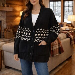 Karen Kane Fair Isle Cardigan Sweater Black Ivory Button Front Oversized NWT M